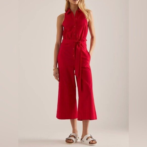 NWT Size 16 - Anthropologie Maeve Belted Cropped Jumpsuit in Red (NWT US$ 158) - Picture 1 of 16